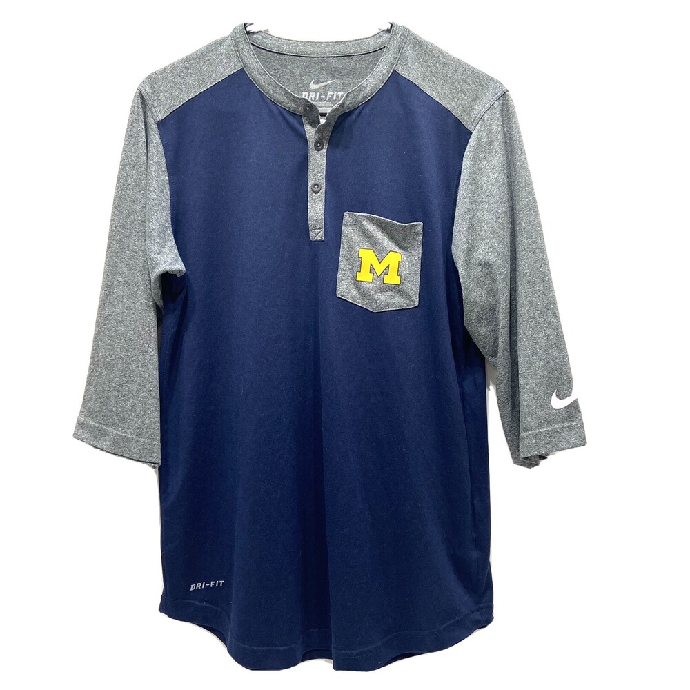 Nike Dri Fit Henley Michigan Wolverines Go Blue Shirt 3/4 Sleeve Womens Small